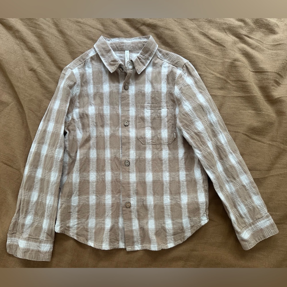 Kids Rylee + Cru Tan and White Plaid Button Down Shirt, size 6/7